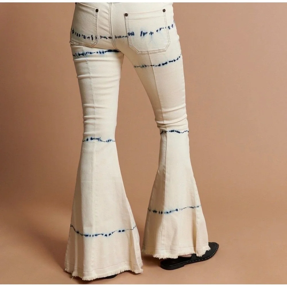 One Teaspoon Cream Tie Dye Flare Jeans Bell Bottom Raw 22 Indigo Boho Festival - Picture 2 of 15